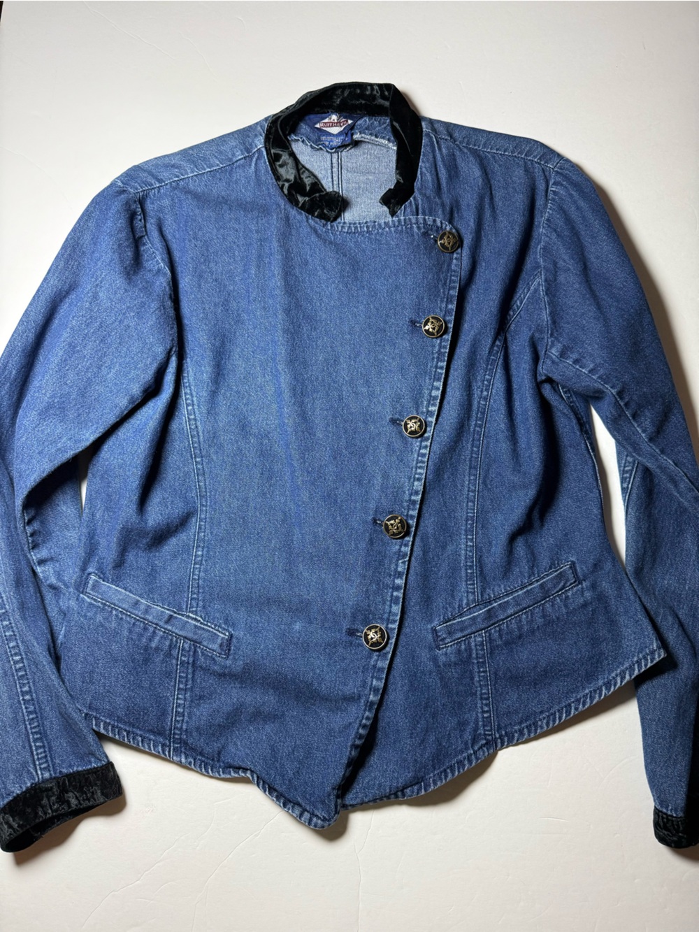 Vintage Ruff Hewn Denim Jacket Faux Black Velvet Trim Gold Buttons Size L